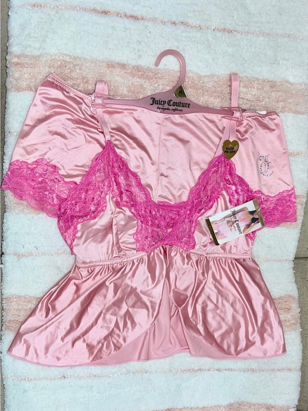 Juicy Couture Light Pink Satin Chemise with Hot Pink Lace Trim